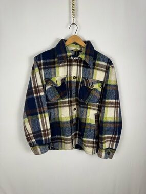 Vintage 90s Sears Blue, White, Brown, Green Plaid Wool Jacket